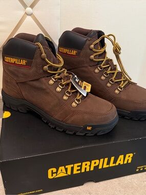 Caterpillar Brown Leather Work Boots with Yellow Accents